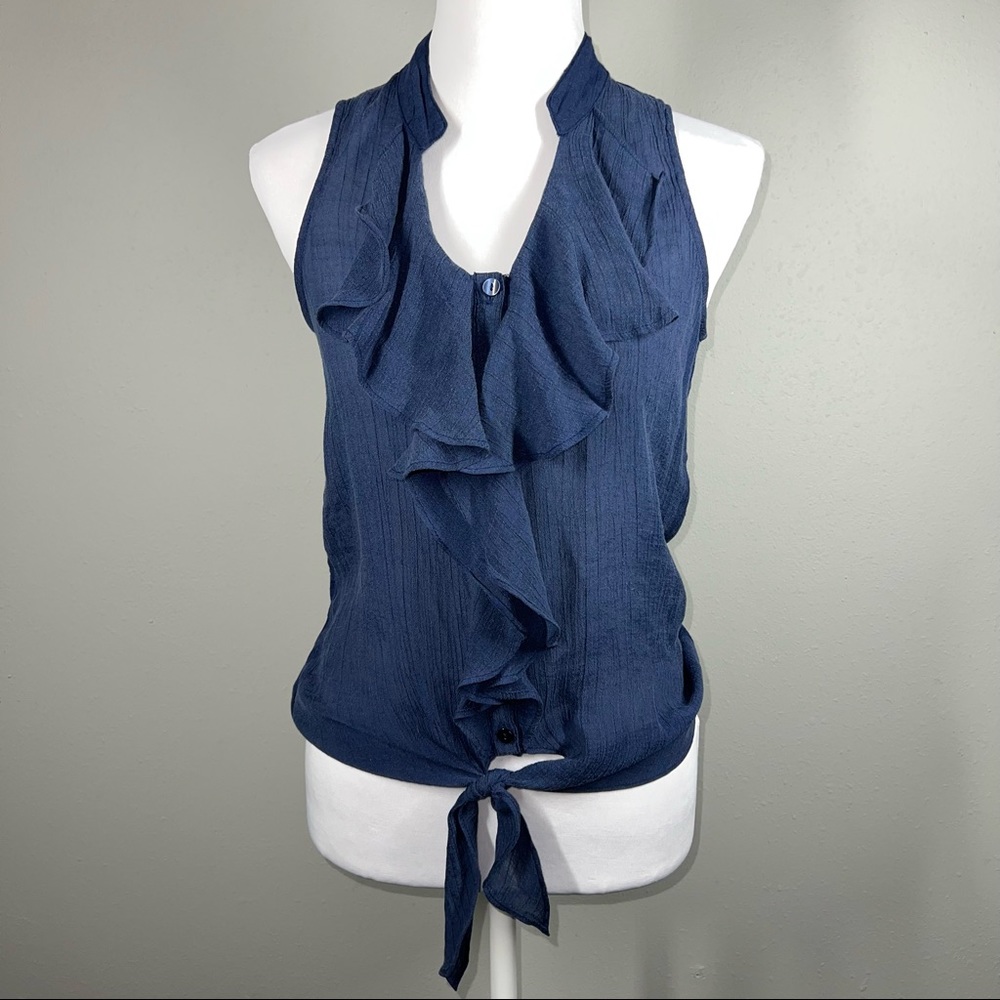 Navy Blue Sleeveless Ruffle Tie Top